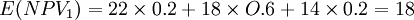 E(NPV_1) = 22 times 0.2 + 18 times O.6+14 times 0.2 = 18